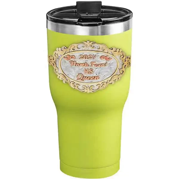 A customized tumbler made of stainless steel with a personalized engraved initials and North Texas High School Queen lettering, 30 oz, ideal for coffee or cool drinks
